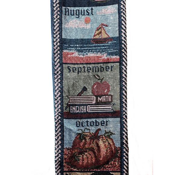 Vintage Tapestry Wallhanging Monthly Seasons Calendar 36"x4" Tassels Rod Pocket - Picture 5 of 8